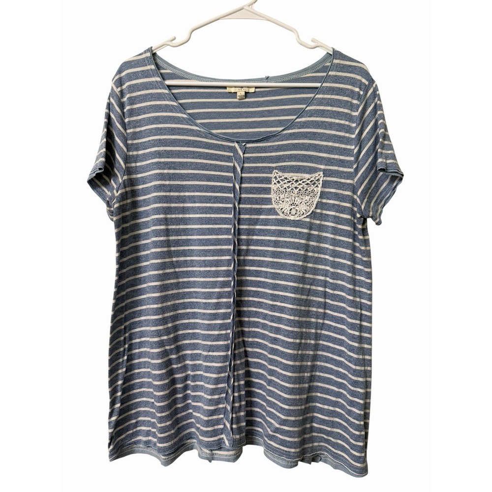 Umgee USA Women's Large Blue White Striped Crochet Pocket Top Short Sleeve Boho
